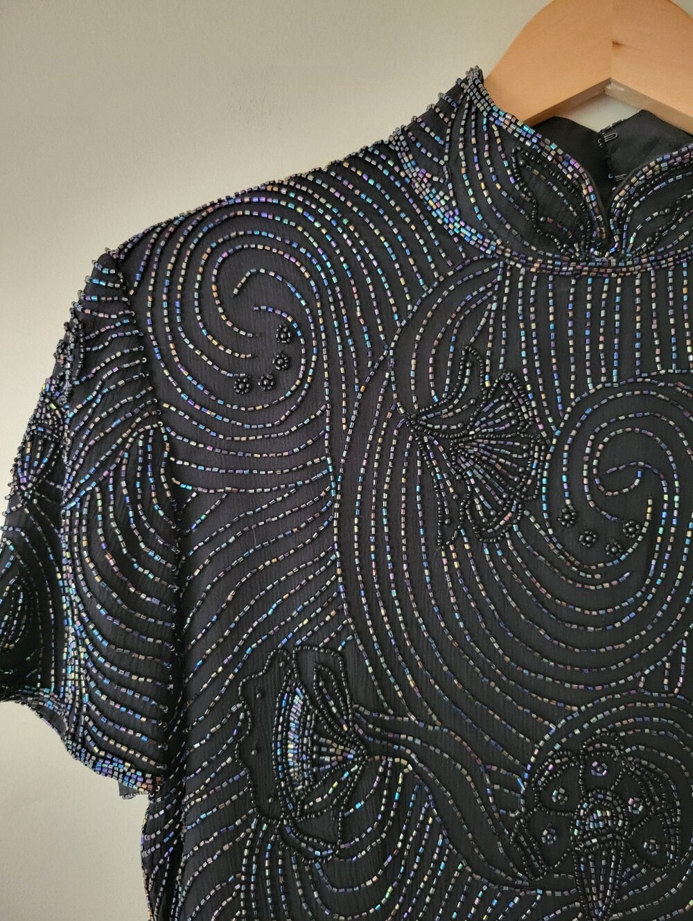 Vintage 90s Glam Goth Beaded Silk Mock Neck Top Black Short Sleeve Blouse Medium - Picture 3 of 9